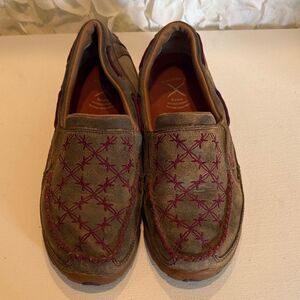 Twisted X Olive Suede Slip-On Loafers with Burgundy Stitching